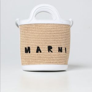 MARNI Tropicalia raffia and white leather bucket bag
